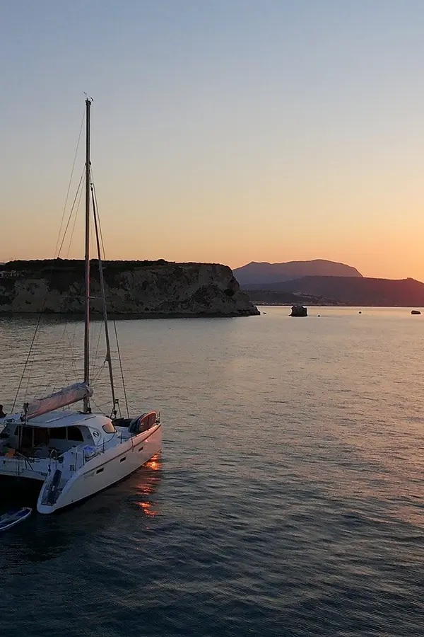 Souda Bay Sunset View Catamaran Infront of Carga Island