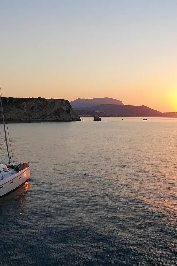 Souda Bay Sunset View Catamaran Infront of Carga Island North VIew