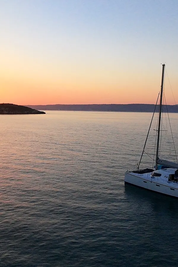 Souda Bay Sunset View Catamaran Infront of Carga Island Sunset drop view