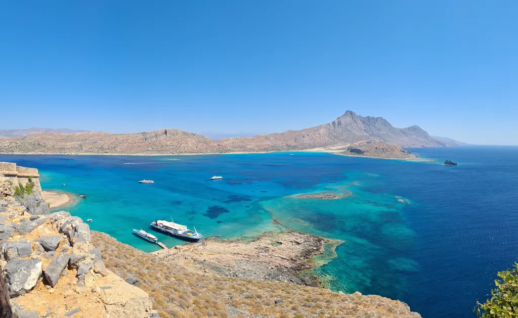 Turquoise lagoon and white sandy beach at Balos, western Crete
