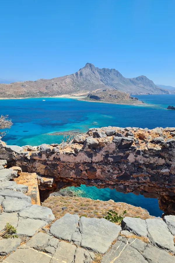 Turquoise lagoon and white sandy beach views at Balos, a famous western destination in Crete.