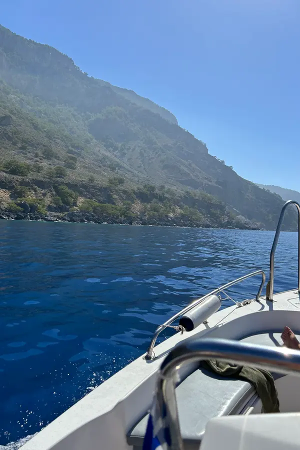 View of the rugged headland and clear blue waters at Fournoti cape on the southern coast of Crete.