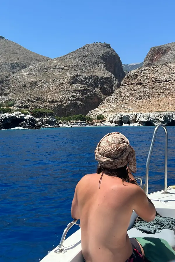 Panoramic view of the rugged coastline and deep blue waters near Marmara cape, Crete.