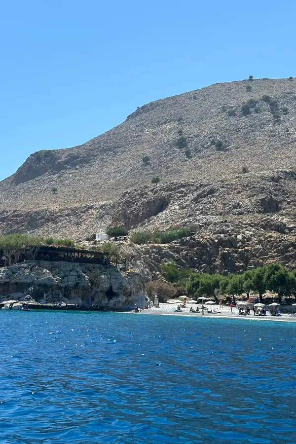 Views of the dramatic coastline and clear turquoise waters of Marmara, a beautiful spot on Crete.