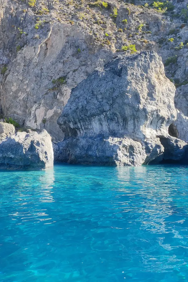 Mandrakia village houses and clear blue waters overlooking the southern coast of Crete.